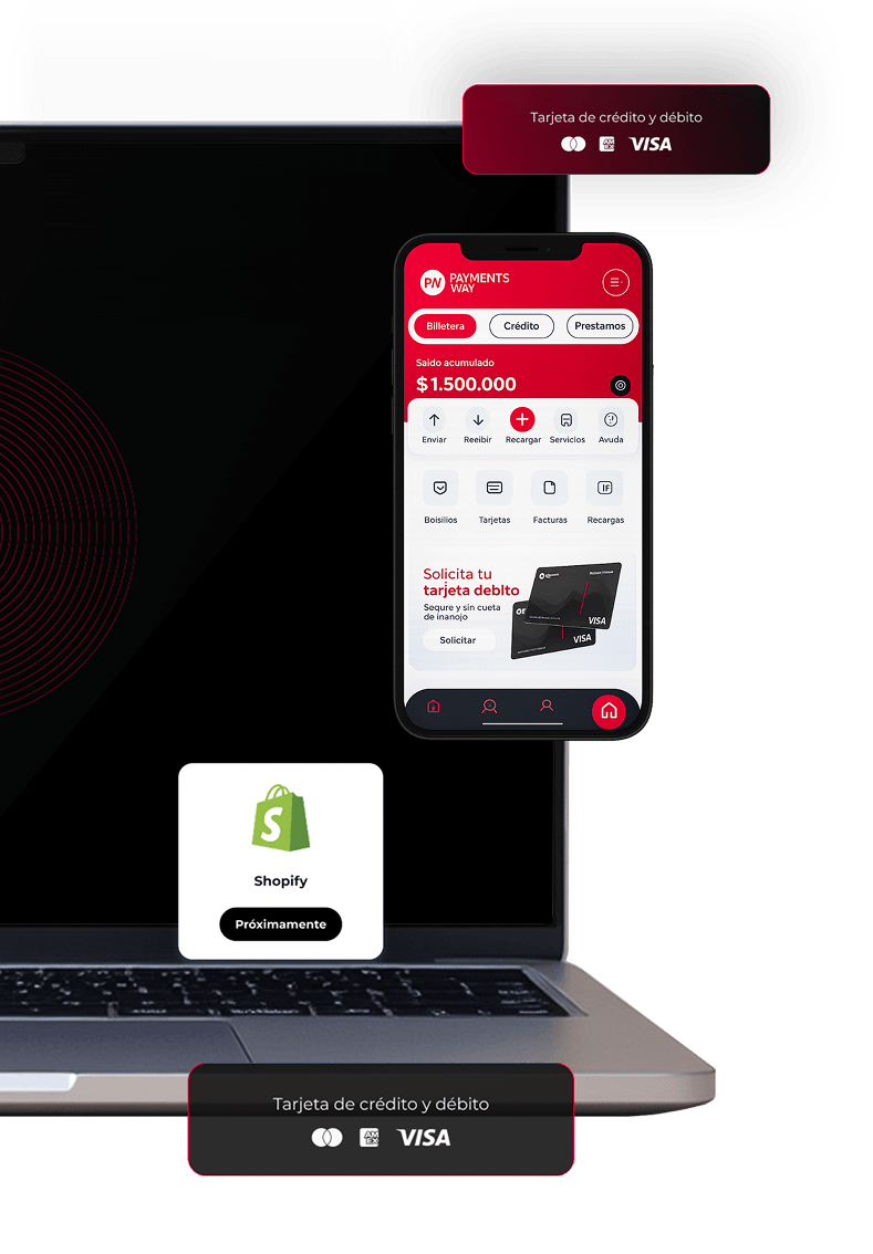 Laptop con la app móvil de Payments Way y el conector de Shopify