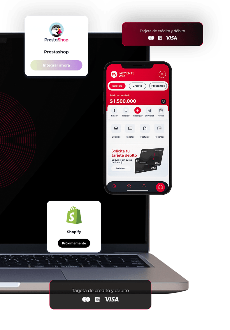 Laptop con app móvil Payments Way y conectores PrestaShop, Shopify